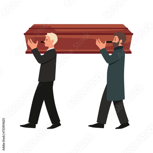 Ritual service men carry the coffin, burial ceremony procession, funeral, mourning tradition vector illustration