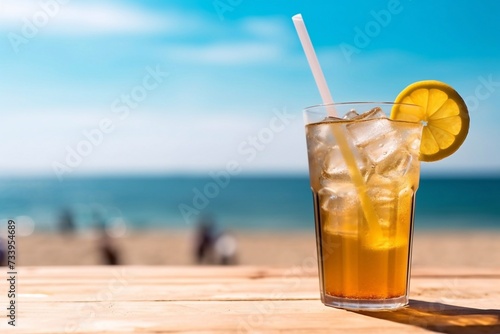 Delicious cold drink with ice and a slice of lemon on a crowded beach on a hot summer day