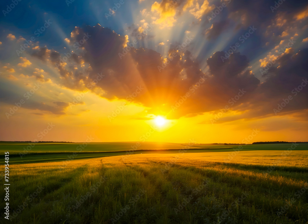 Sunset over the field, colorful rural landscape