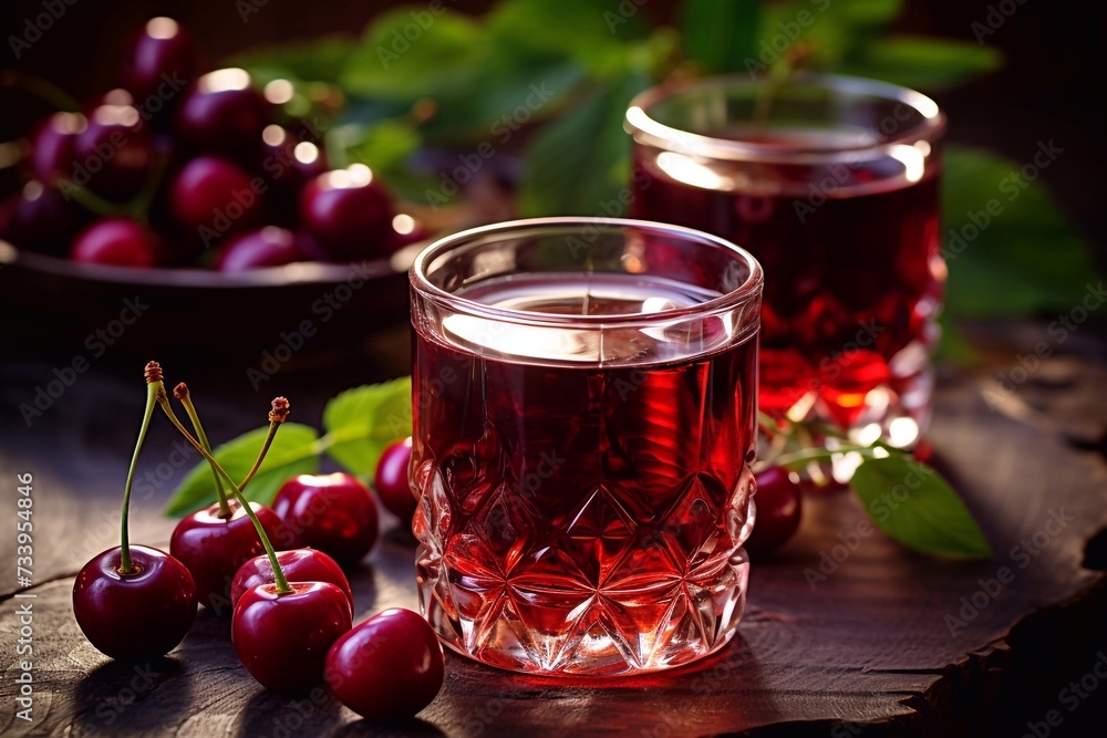 glasses of cherry brandy liqueur with ripe berries glasses of cherry brandy liqueur with ripe berries