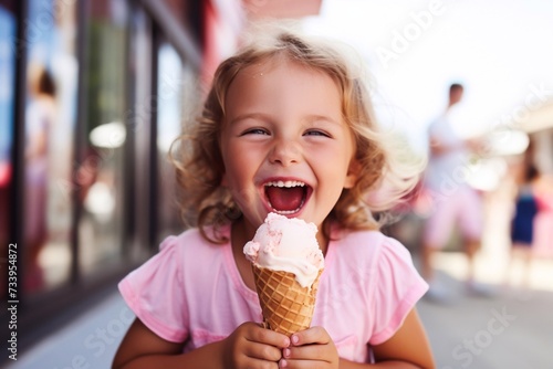 Blonde-haired Happy little girl in a pink T-shirt eating ice cream on the street
