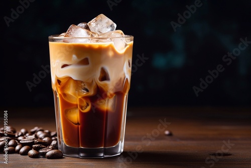 Delicious cold coffee in a glass with cream