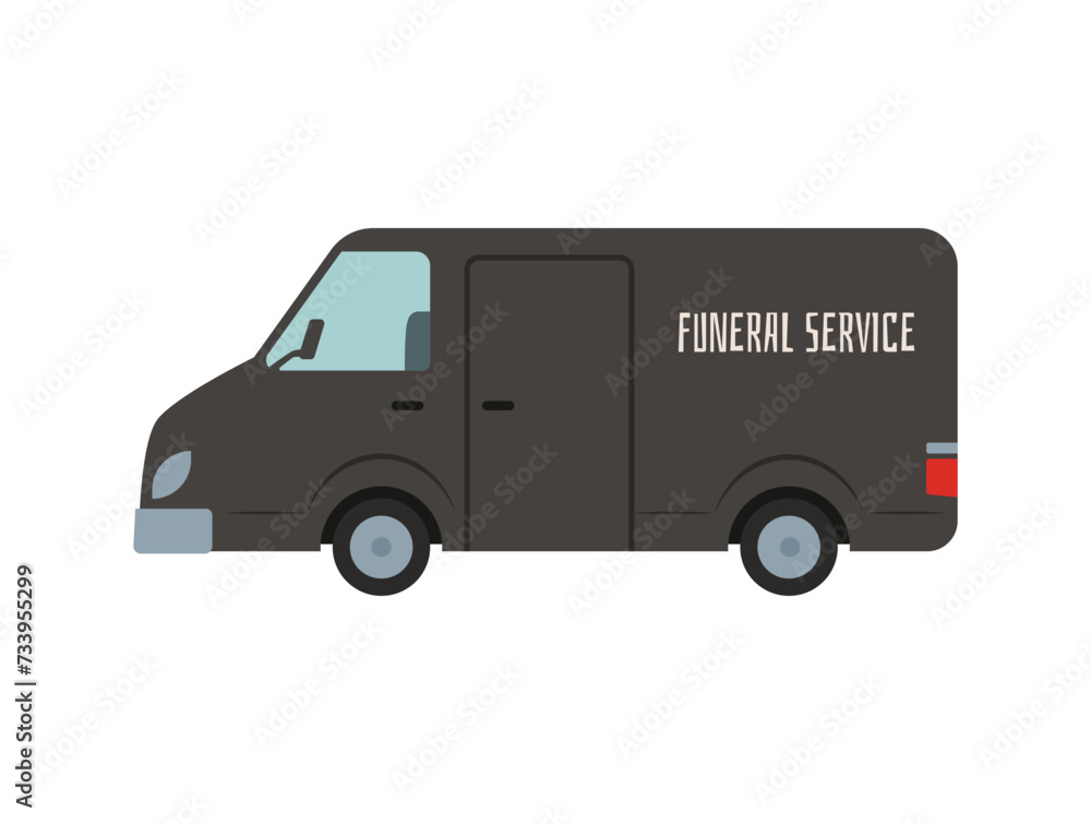 Black hearse van, funeral car, first call vehicle, funeral transport, burial transportation service flat vector isolated