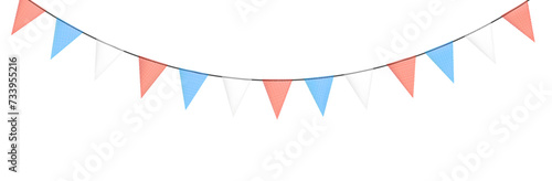 Red and blue bunting garlands with flags made of shredded pieces of fabric. Decorative multicolored party pennants for festival, party celebration.