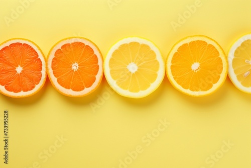 orange, tangerine, lemon, lime on pastel yellow background