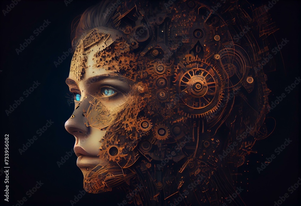 Design of an artificial intelligence face and gears. Generative AI - obrazy, fototapety, plakaty 