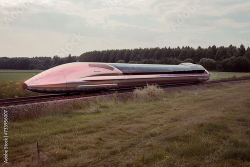 A futuristic rocket or high speed train passing in a field.