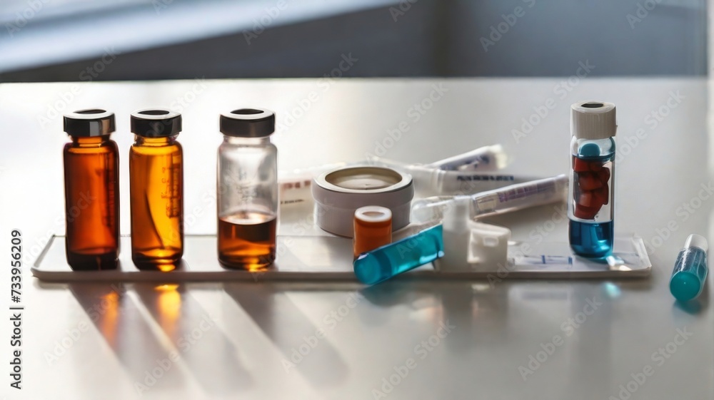 Medical vials and a syringe arranged on a white methacrylate table Medical vials and a syringe arranged on a white methacrylate table