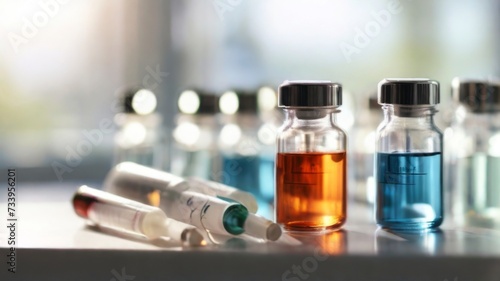 Medical vials and a syringe arranged on a white methacrylate table photo