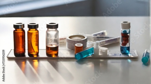 Medical vials and a syringe arranged on a white methacrylate table
