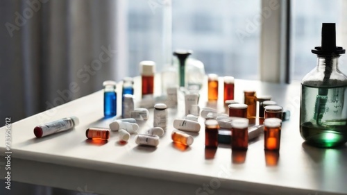 Medical vials and a syringe arranged on a white methacrylate table