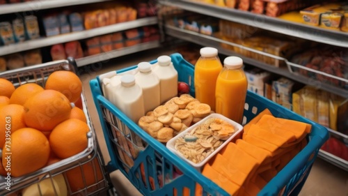 An aerial view of a shopping cart filled with breakfast foods