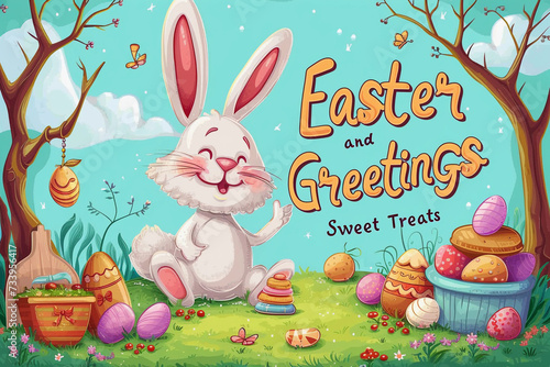 Cartoon Easter Bunny in Magical Garden with Colorful Eggs and Treats