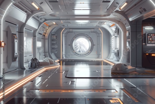 A futuristic room with some technology and futuristic features.