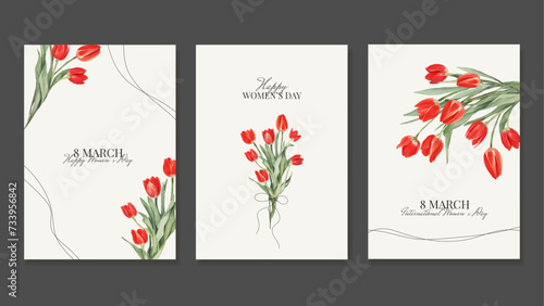 3 Women's Day Greeting Cards with Watercolor Red Tulips. Covers with Spring Flowers. Vector Templates