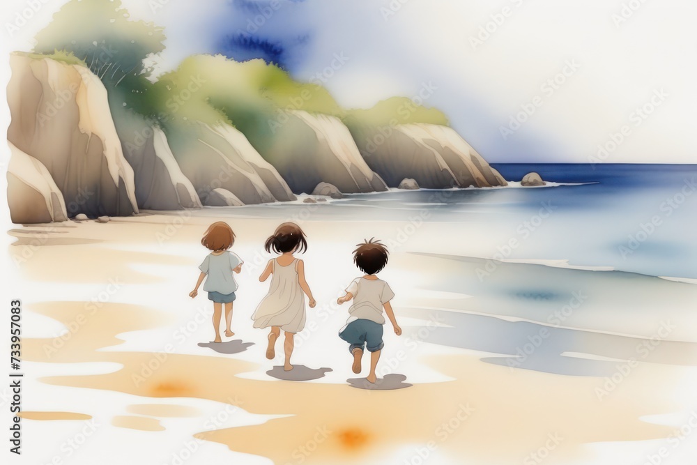 Children playing at the beach, bright, white background, light watercolor.