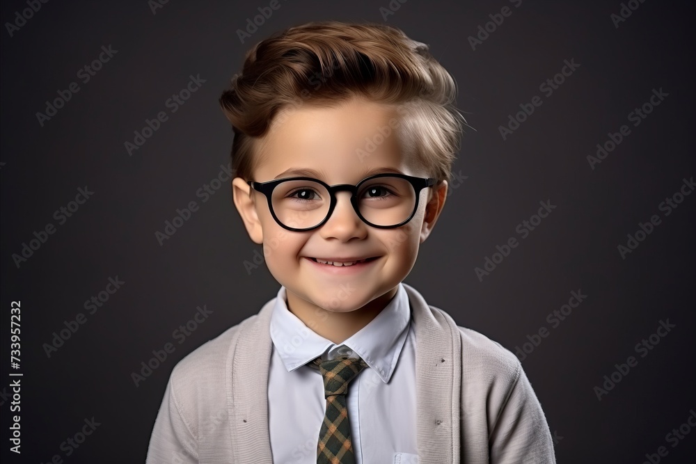 Portrait of a cute little boy in eyeglasses on dark background