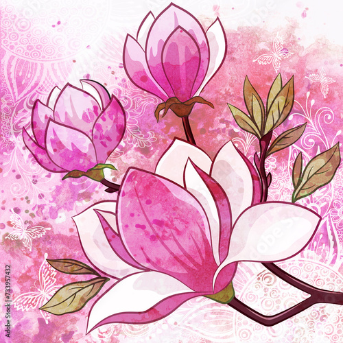 Spring Blossoming Magnolia Tree Flowers on Hand-Draw Watercolor Painting Background
