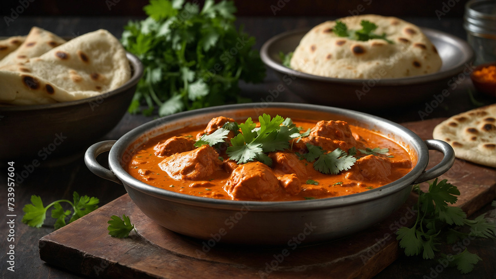 A steaming plate of butter chicken, adorned with fresh cilantro leaves, served alongside warm, fluffy naan bread with the vibrant colors and enticing aroma of this classic Indian dish