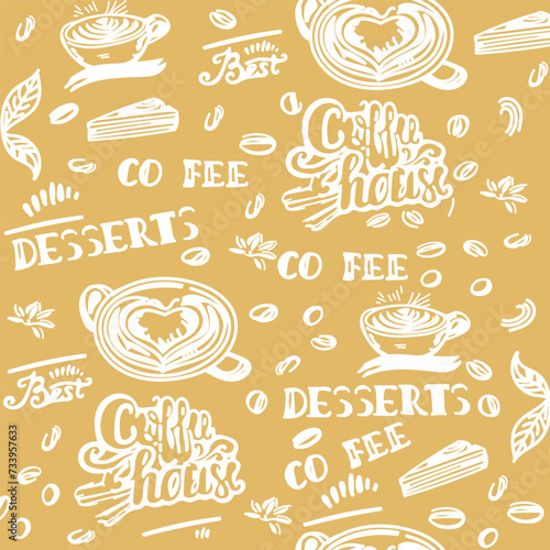 Hand drawn seamless pattern of coffee and lettering on a beige background. Can be used for coffee shops and restaurants