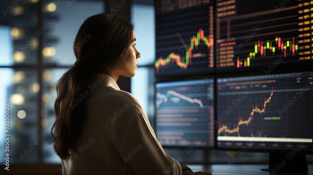 Businesswoman watching stock exchange report at office Businesswoman watching stock exchange report at office