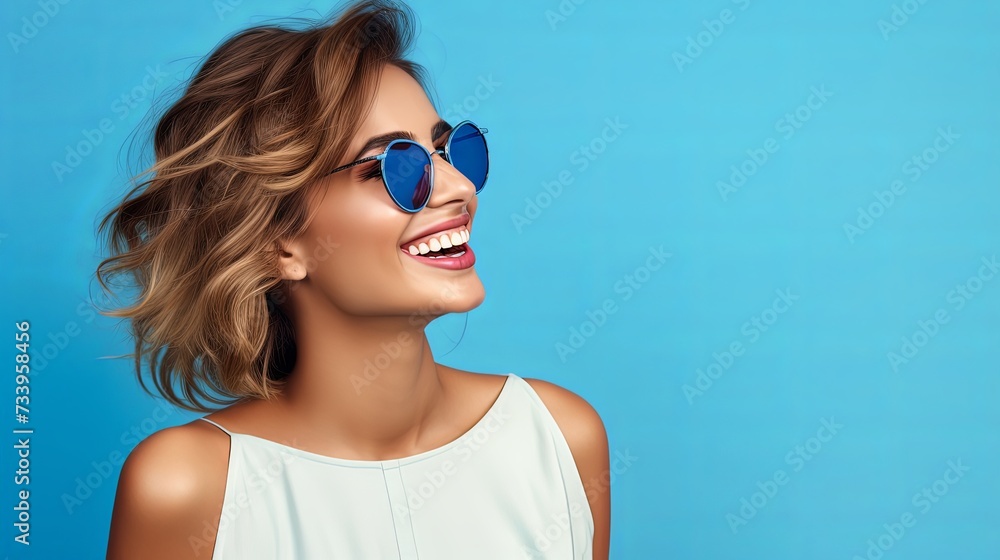 Close up shot of stylish young woman in sunglasses smiling against blue background. Beautiful female model with copy space