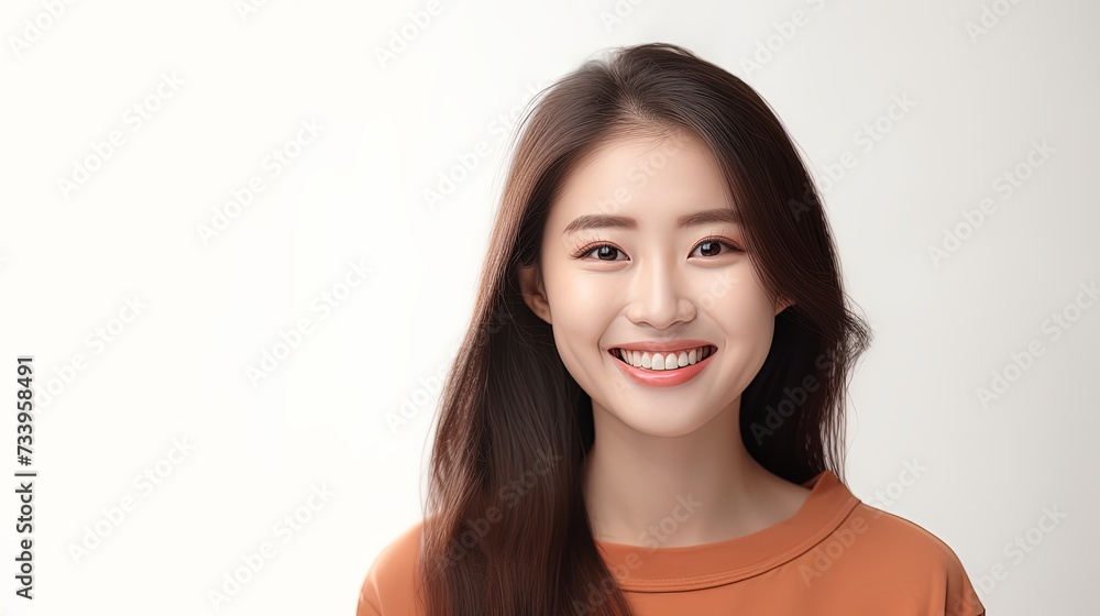 Close-up portrait of yong woman casual portrait in positive view, big smile, beautiful model posing in studio over white background. Caucasian Asian portrait woman Close-up portrait of yong woman casual portrait in positive view, big smile, beautiful model posing in studio over white background. Caucasian Asian portrait woman