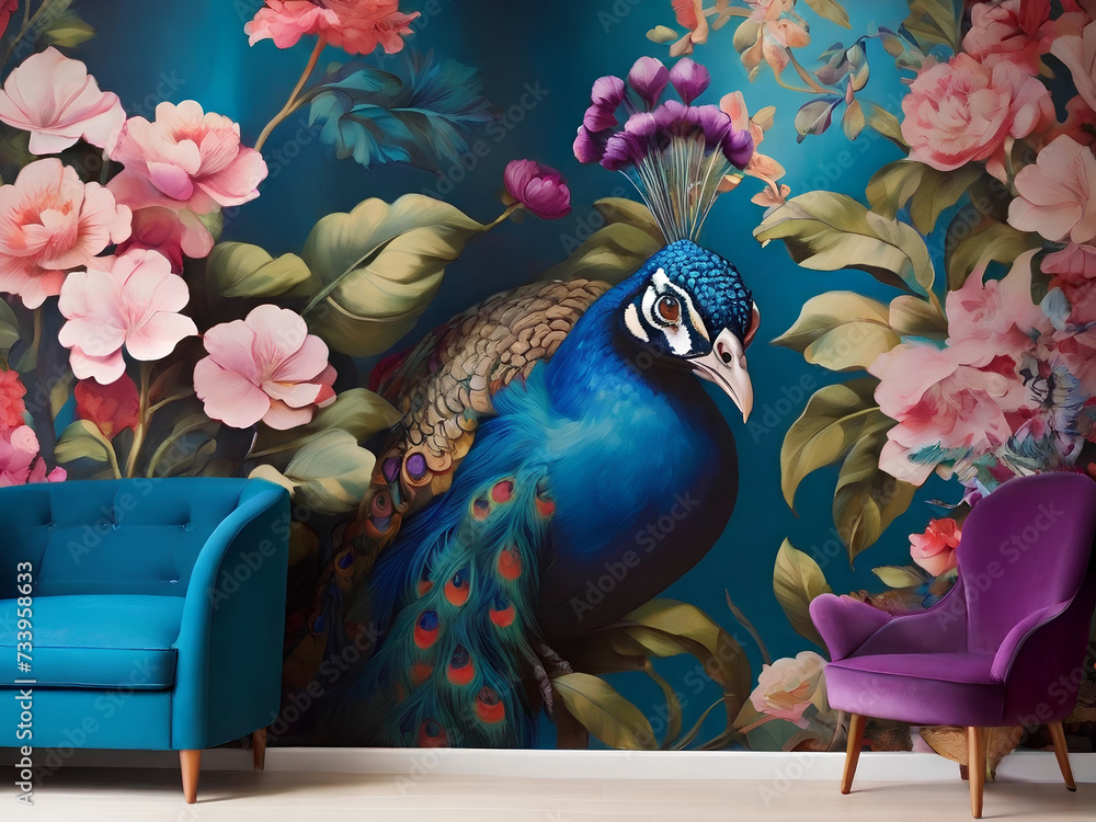 Peacock Interior Mural Wall Wallpaper blooming flowers and a majestic blue peacock. generative ai
