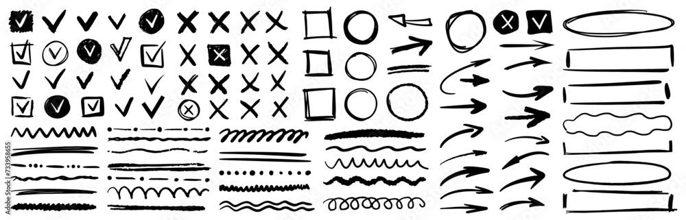 Boxes and checklists ticks, arrows and empty frame for text. Vector hand drawn element icon, isolated checkmark and scribble. Pencil, charcoal or pen pointers and markers for voting or test - obrazy, fototapety, plakaty 