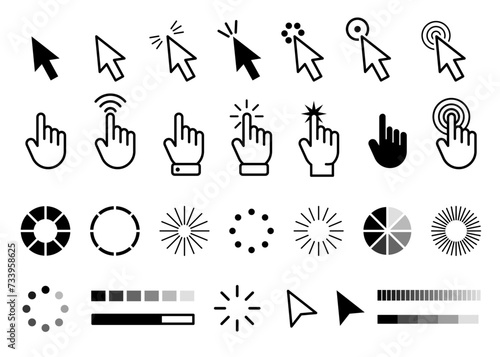 Mouse click cursors and hands for user interface of website or application. Vector flat cartoon isolated icons for UX and UI, pointer and progress bar, loading status and interactive response