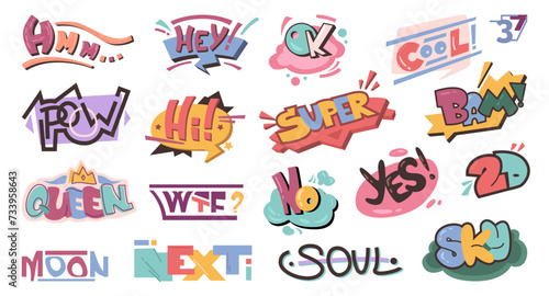Street art or graffiti, comic speech sound effects in creative style. Vector isolated icons for characters or murals. Hmm and hi, sky and bam, queen and wtf, poow and no, cool and hey decor
