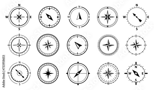 Simple vintage or retro compasses showing directions. Vector isolated electronic device to determine cardinal direction. Navigation and location gadget, location and map decor, wind rose photo