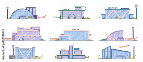 Modern airports with planes for traveling and flights. Vector flat cartoon, isolated exterior buildings with panoramic windows, takeoff path or airfield with aircrafts and place for passengers