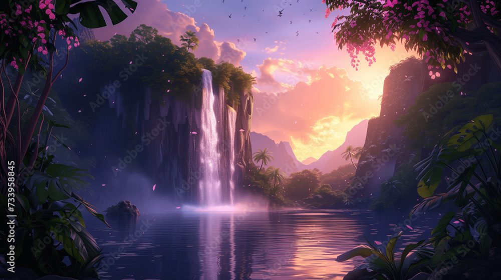 Enchanted Waterfall and Blooming Trees at Dusk Enchanted Waterfall and Blooming Trees at Dusk