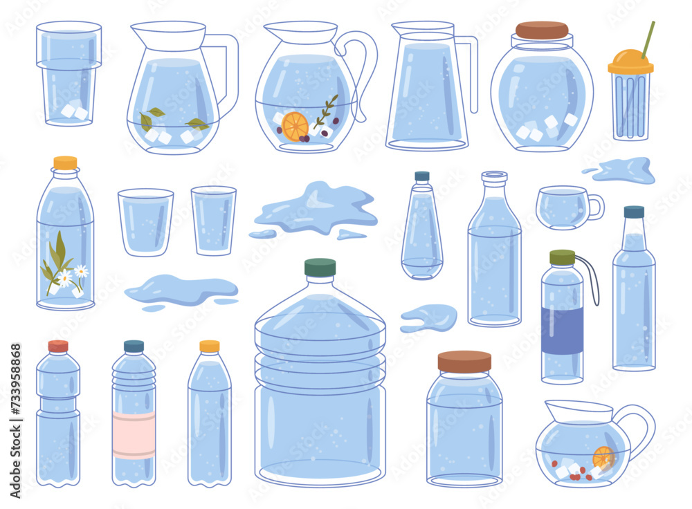 Glasses and bottles, containers and jugs, cups and puddles of water. Vector flat cartoon, isolated liquids and aqua for drinking. Purified products for consumption, lemonade or detox beverage Glasses and bottles, containers and jugs, cups and puddles of water. Vector flat cartoon, isolated liquids and aqua for drinking. Purified products for consumption, lemonade or detox beverage