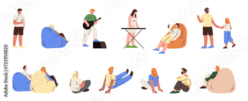 Characters having fun and resting at open air festival. Vector personages, visitors and musicians with instruments on stage. Man in chair, couple sitting on ground, male and children holding hand