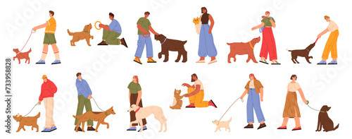Owners playing with pets, people walking dogs. Vector isolated flat cartoon characters, men and women strolling with doggy on leash, asking to give paw or throw toys, weekends leisure time