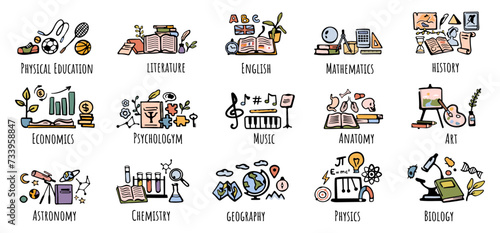 Subjects for school or university. Vector flat cartoon icons for students curriculum. Education and knowledge gaining. Physical education and economics, literature and English, mathematics and history