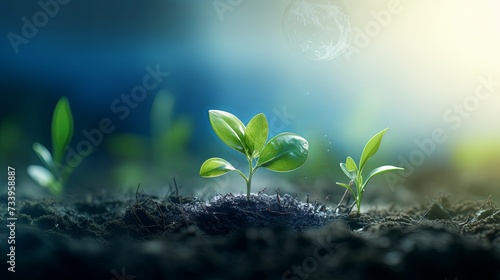 Environment, save clean planet, ecology concept.World Earth Day banner. Young green plant growing at sunlight.