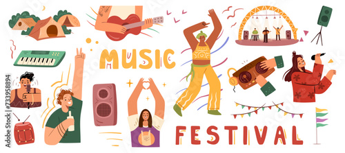 People and objects from open air festival. Vector isolated performers and fans dancing and singing. Loud speaker, and musical instruments for concert show. Stage for band and tents for audience