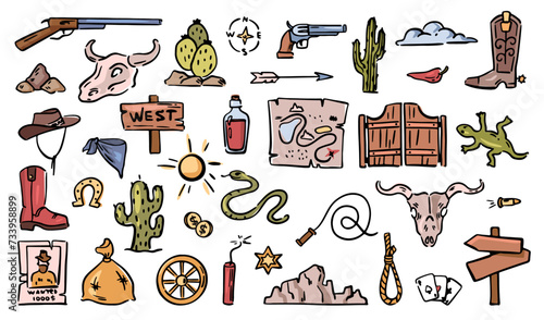 Traditional wild west objects, isolated doodle icons. Vector flat cartoon, skull of dead animal, pistol and saloon doors. Cactus and rocks, nature and rocks. Boots of sheriff and wanted criminal