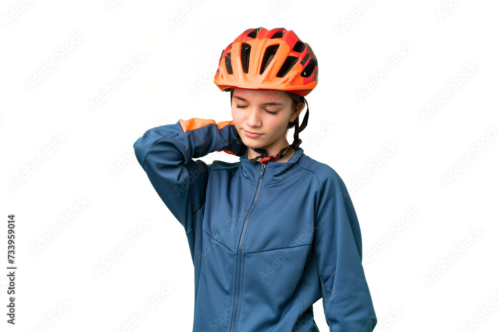 Teenager cyclist girl over isolated chroma key background with neckache Teenager cyclist girl over isolated chroma key background with neckache