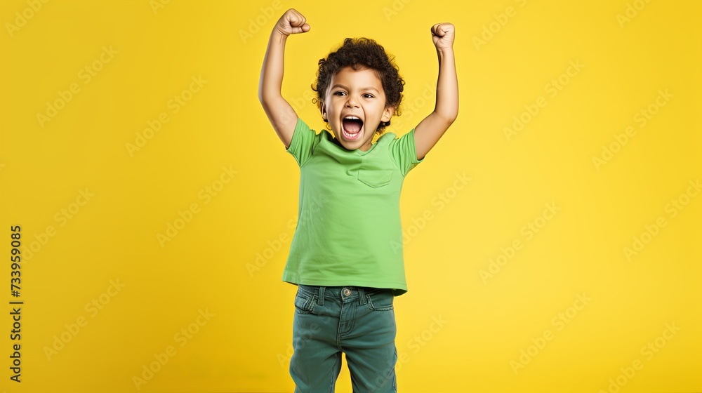 Full body little small fun happy boy 6-7 years old wearing green t-shirt do winner gesture clench fist isolated on plain yellow background studio portrait. Mother's Day love family lifestyle concept Full body little small fun happy boy 6-7 years old wearing green t-shirt do winner gesture clench fist isolated on plain yellow background studio portrait. Mother's Day love family lifestyle concept