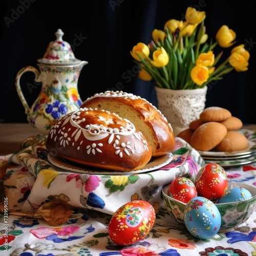 Festive Easter meal with Easter pastries, with painted eggs on a festive tablecloth. Easter breakfast. Flowers, service, candles, tea, coffee. Happy Easter