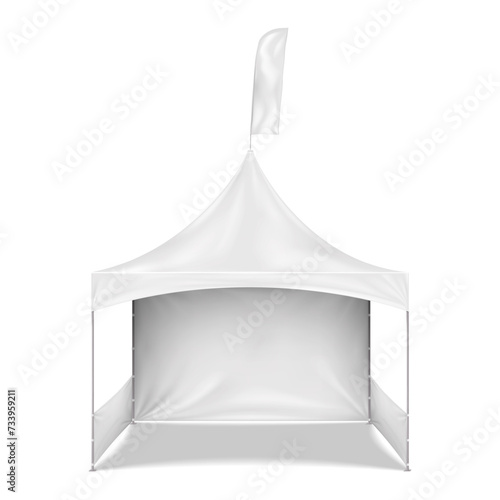 Gazebo with back, side walls and peak flag realistic vector mockup. Blank white canopy tent with top roof banner mock-up. Outdoor summer tradeshow booth template