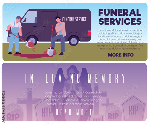 Banners for funeral service, vector illustration in flat cartoon style.