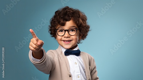 Happy boy pointing with his finger - isolated over a white background