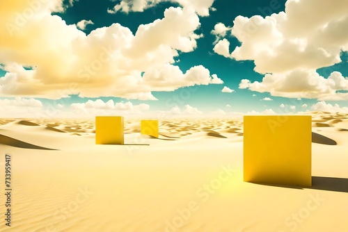 3d render, Surreal desert landscape with white clouds going into the yellow square portals on sunny day. Modern minimal abstract background