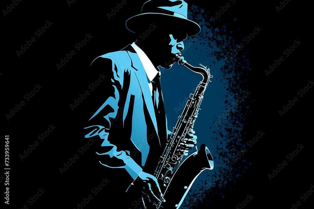 Jazz saxophone player illustration for jazz poster - obrazy, fototapety, plakaty 