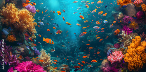 Colorful coral reef with fishes and corals photo background © Oksana